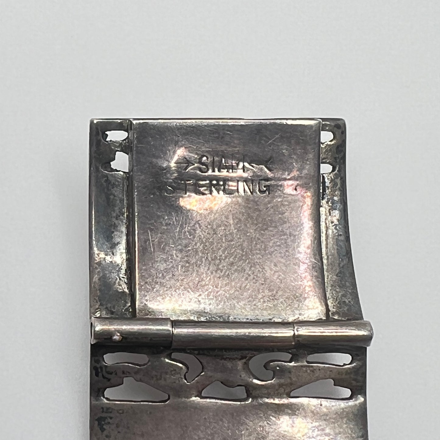 Vintage Siam silver bracelet with white enamel dancing goddess panels