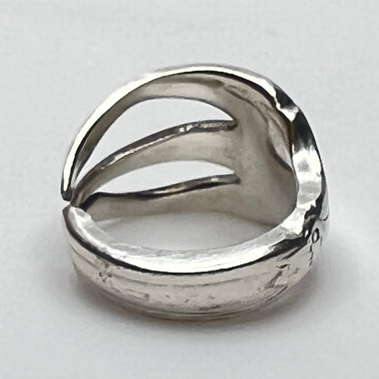 Upcycled silver fork ring on hand, size 8 with open tines