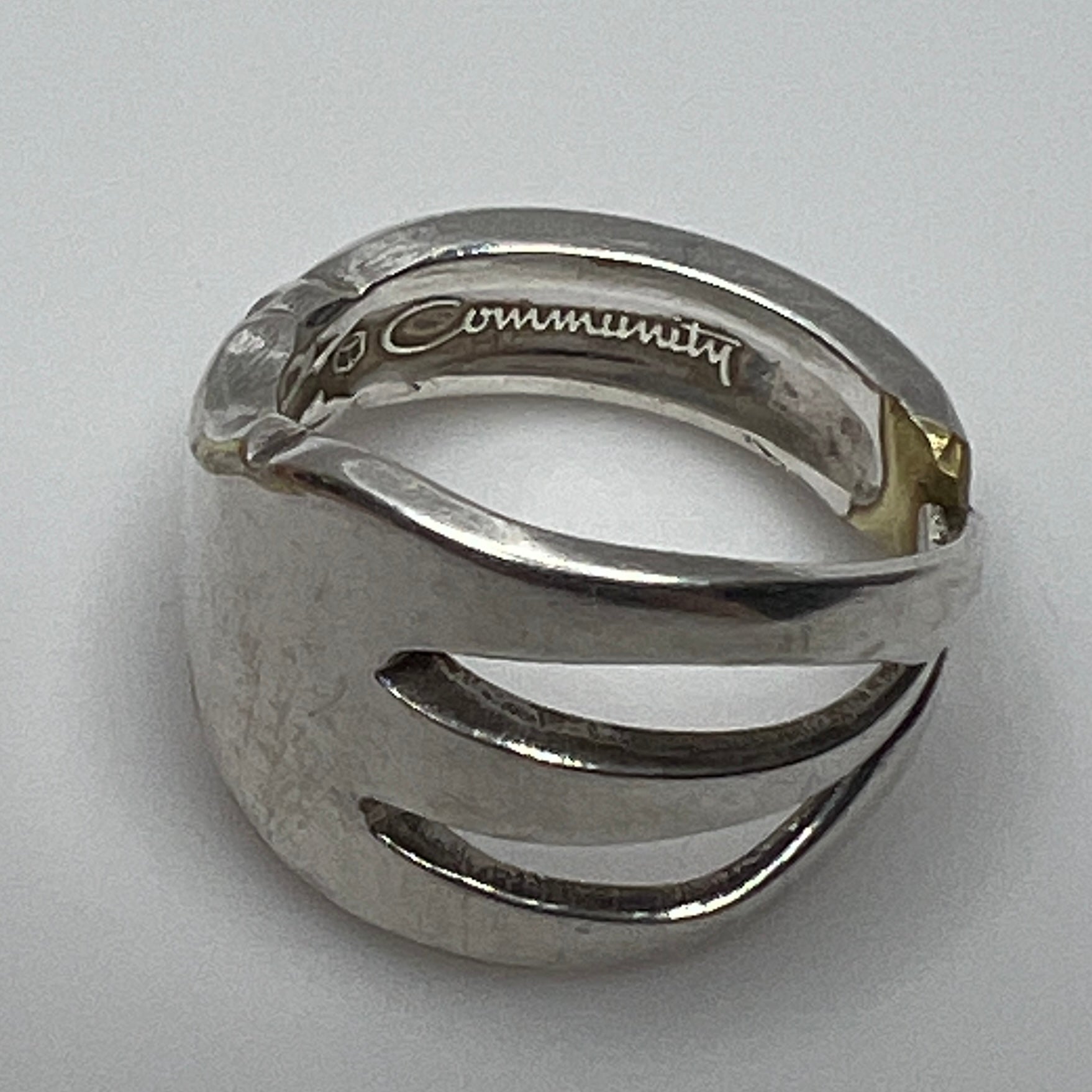 Upcycled silver fork ring on hand, size 8 with open tines