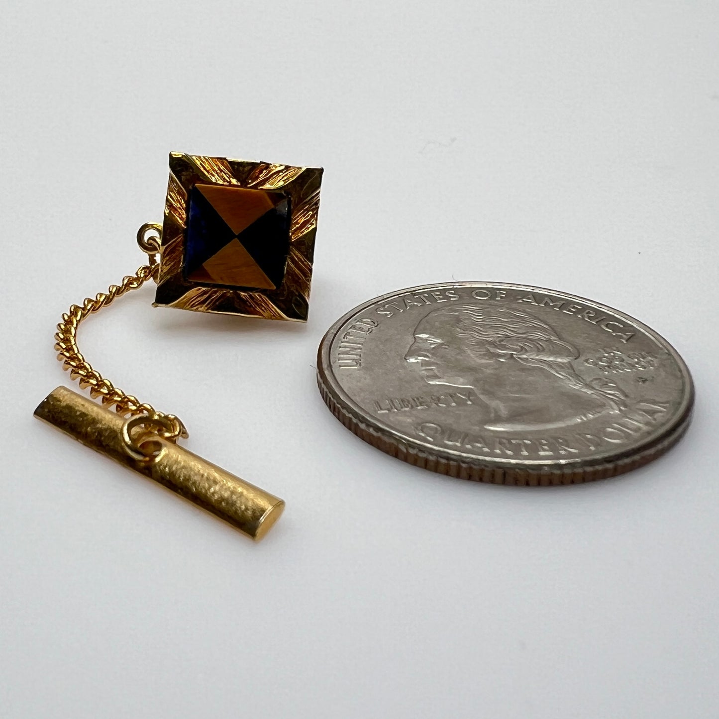 Simmons Karatclad tie tack with gold and gemstone square design