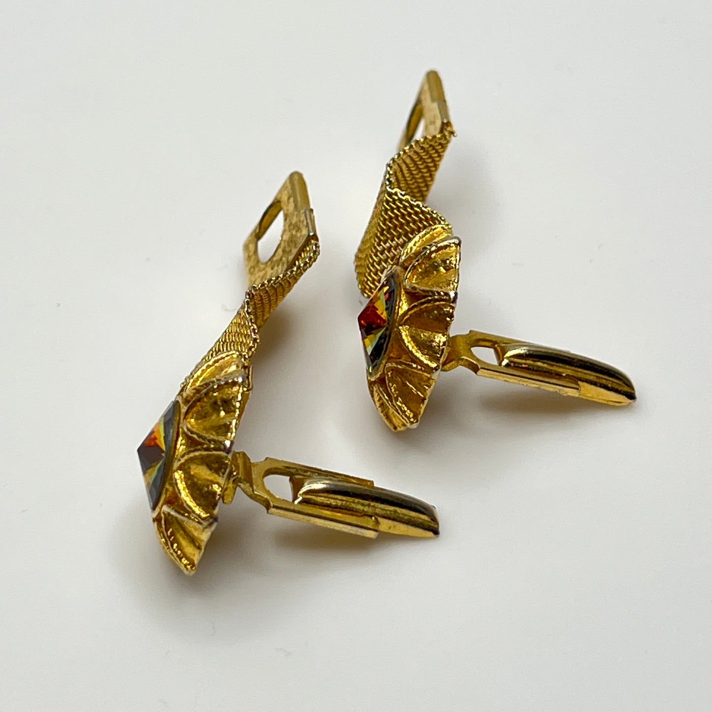 Vintage gold mesh cufflinks with watermelon rivoli crystals, mid-century style