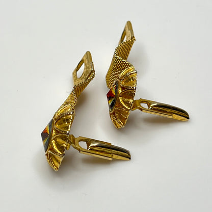 Vintage gold mesh cufflinks with watermelon rivoli crystals, mid-century style