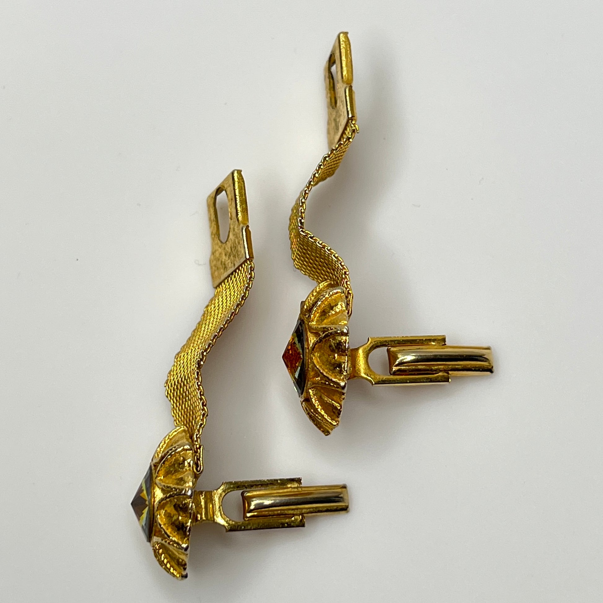 Vintage gold mesh cufflinks with watermelon rivoli crystals, mid-century style