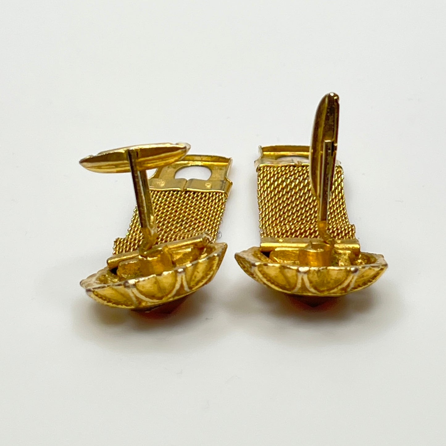 Vintage gold mesh cufflinks with watermelon rivoli crystals, mid-century style