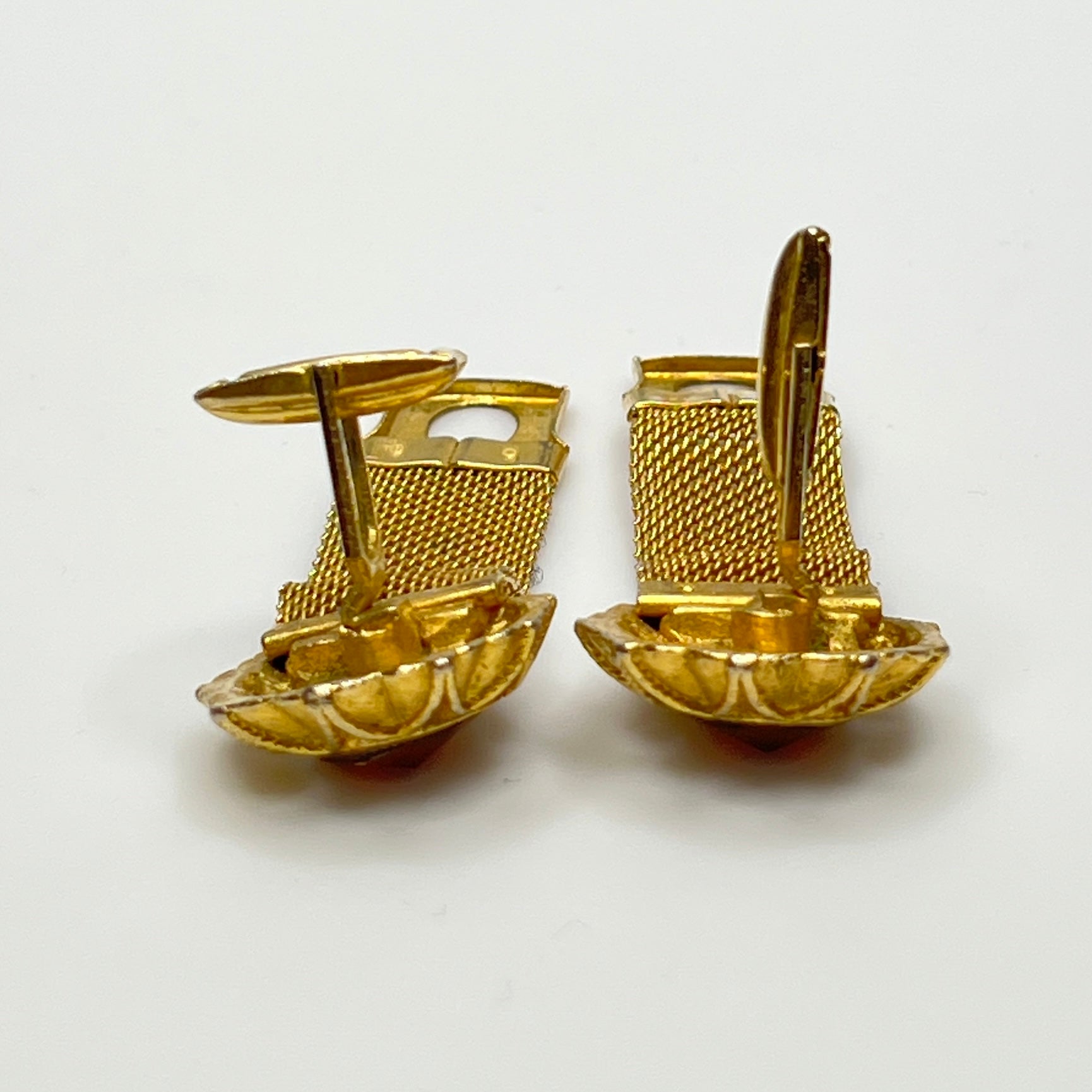 Vintage gold mesh cufflinks with watermelon rivoli crystals, mid-century style