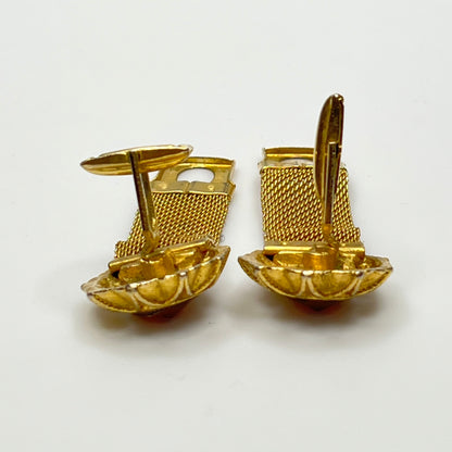 Vintage gold mesh cufflinks with watermelon rivoli crystals, mid-century style