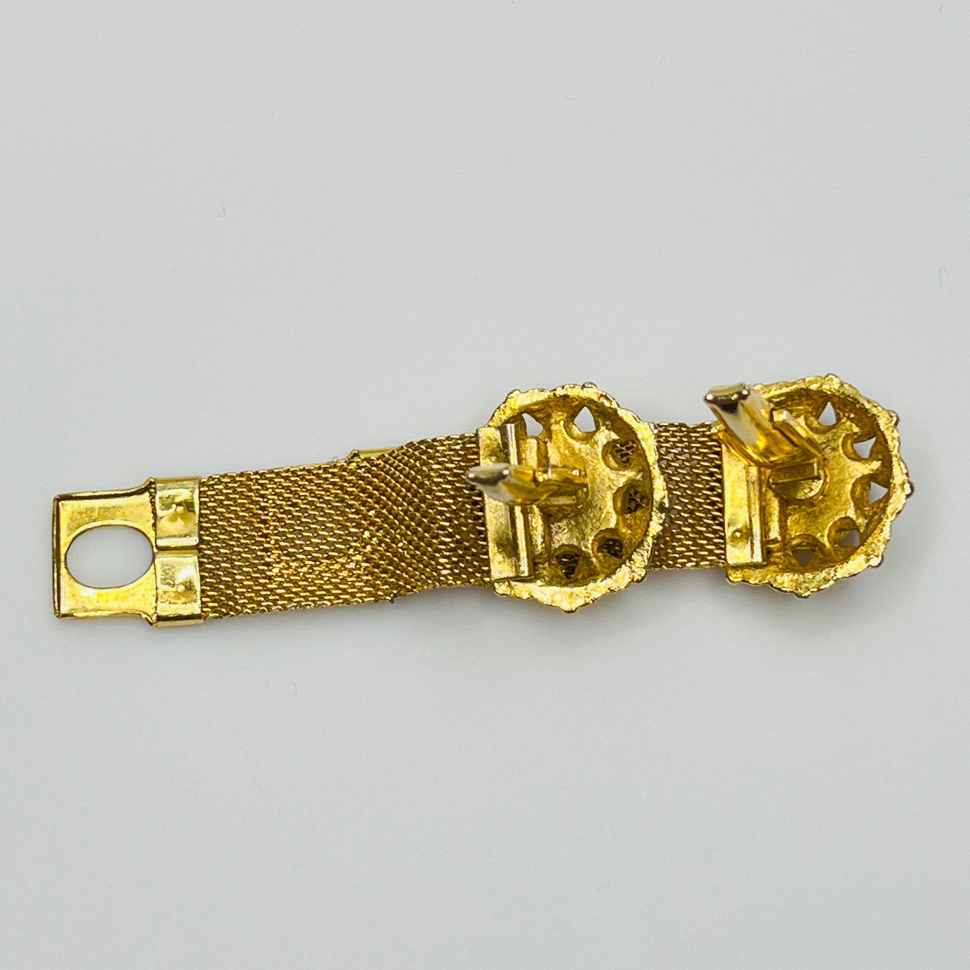 Vintage gold mesh cufflinks with watermelon rivoli crystals, mid-century style