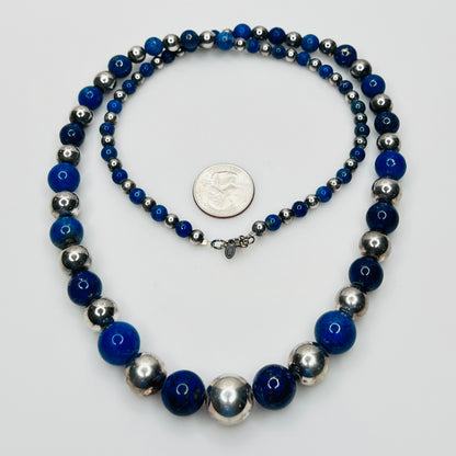 Vintage lapis lazuli necklace with sterling beads and coin for scale