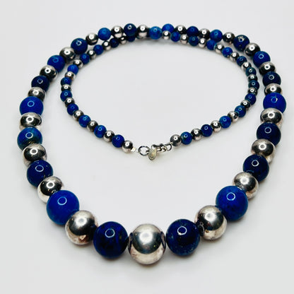 Vintage sterling silver and lapis lazuli graduated bead necklace