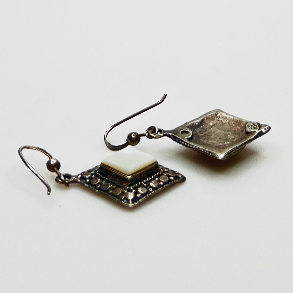 Square mother of pearl drop earrings in oxidized silver