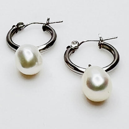 Sterling silver hoop earrings with pearl dangles