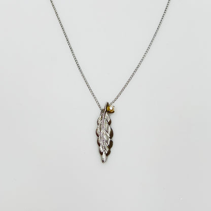 Sterling silver leaf pendant necklace with genuine pearl