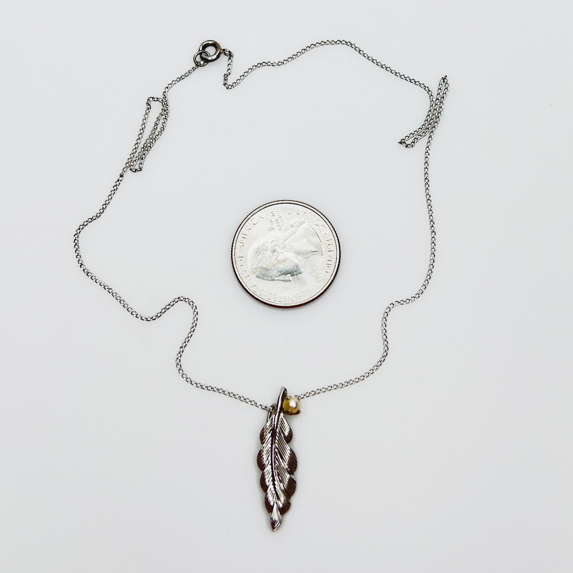 Sterling silver leaf pendant necklace with genuine pearl