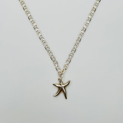Sterling silver starfish pendant on mariner link chain necklace
