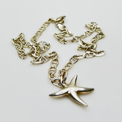 Sterling silver starfish pendant on mariner link chain necklace