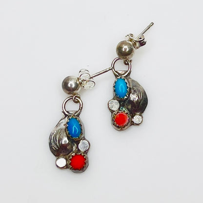 Sterling silver turquoise and coral dangle earrings