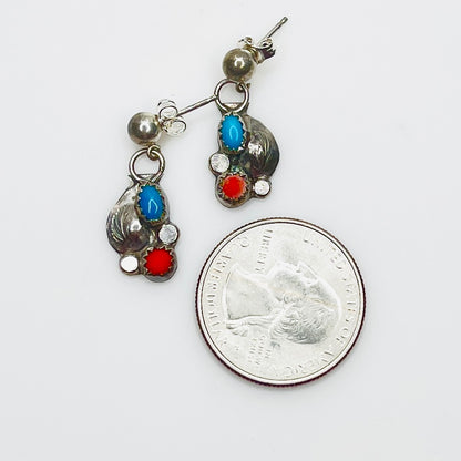 Sterling silver turquoise and coral dangle earrings