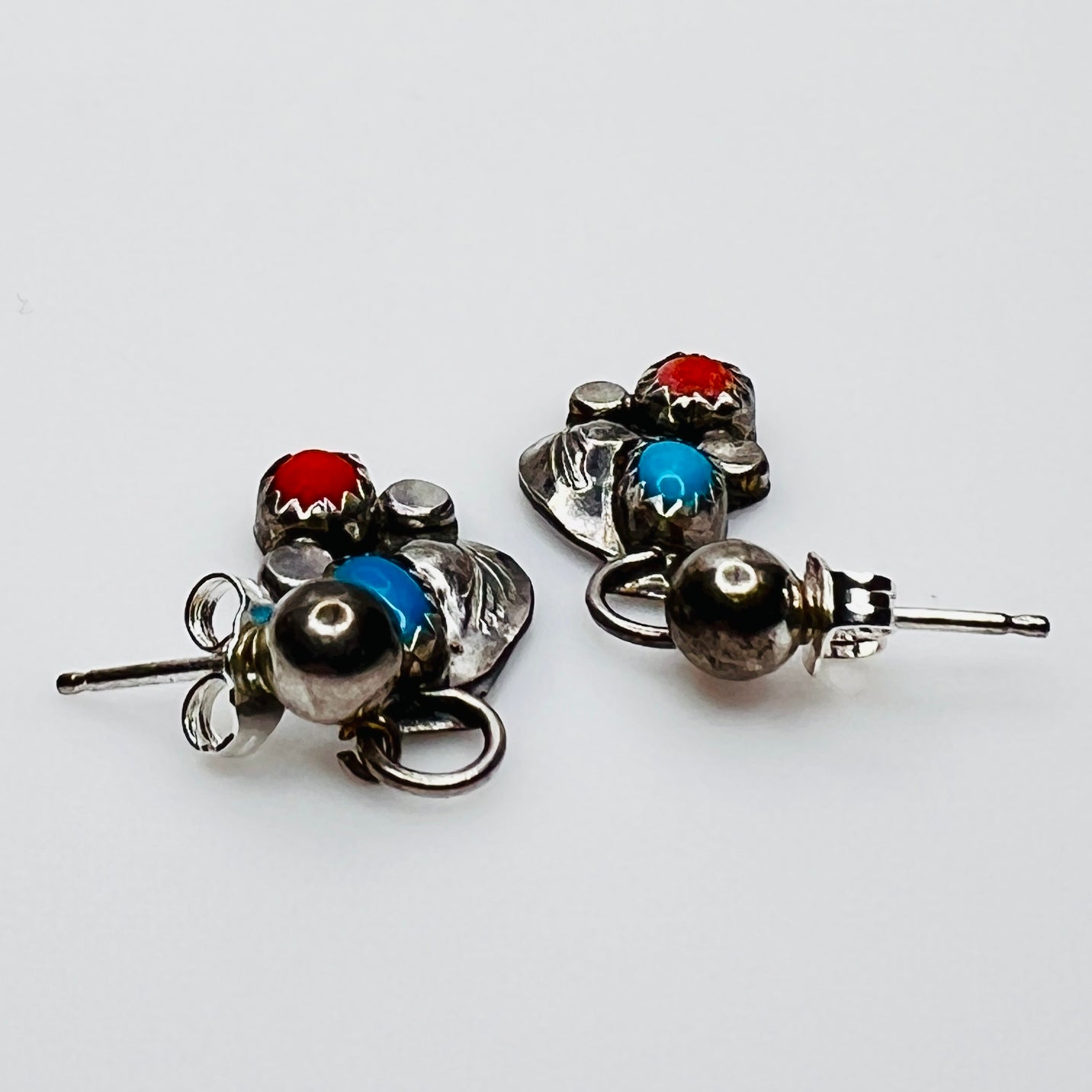 Sterling silver turquoise and coral dangle earrings