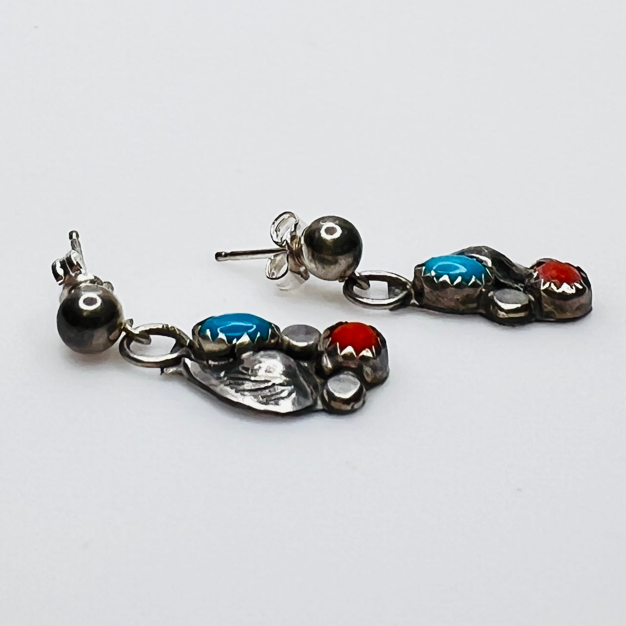 Sterling silver turquoise and coral dangle earrings