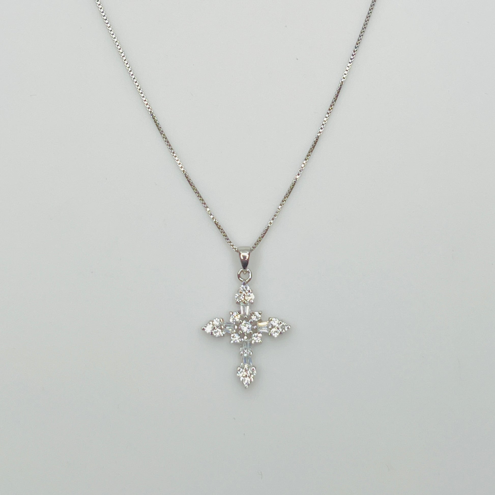 Italian-made box chain necklace with CZ cross pendant