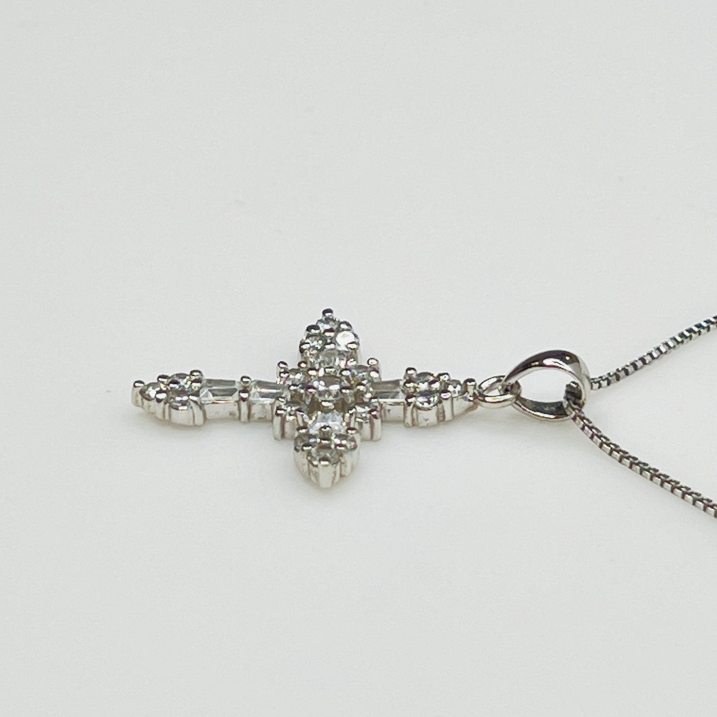 Italian-made box chain necklace with CZ cross pendant