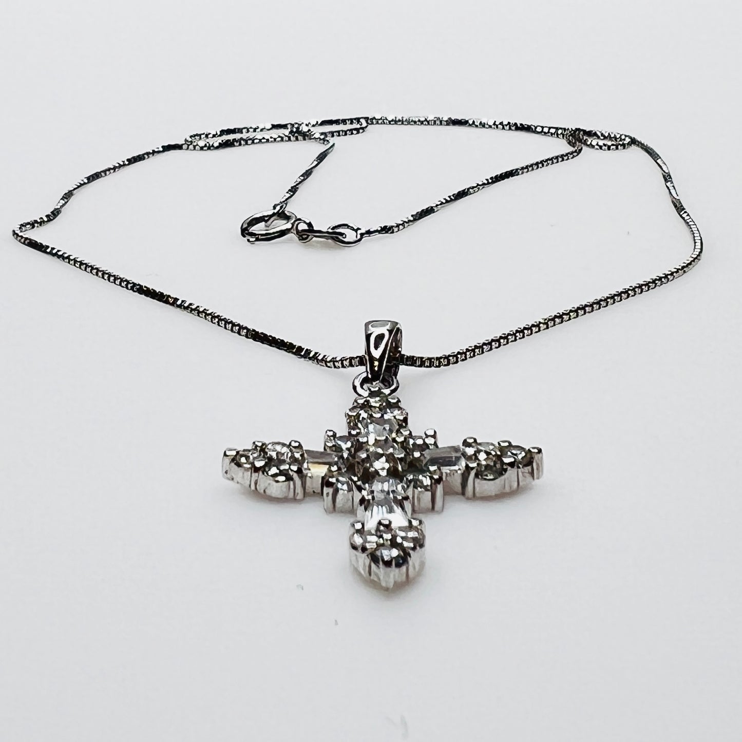Italian-made box chain necklace with CZ cross pendant