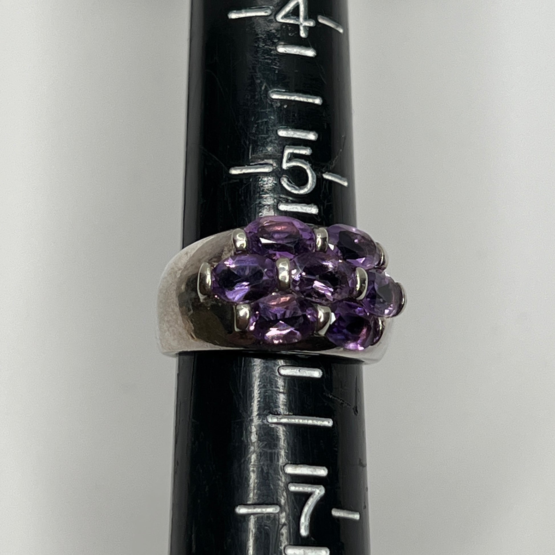 Sterling silver amethyst cluster ring with oval-cut stones, size 5.75