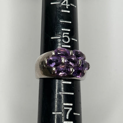 Sterling silver amethyst cluster ring with oval-cut stones, size 5.75