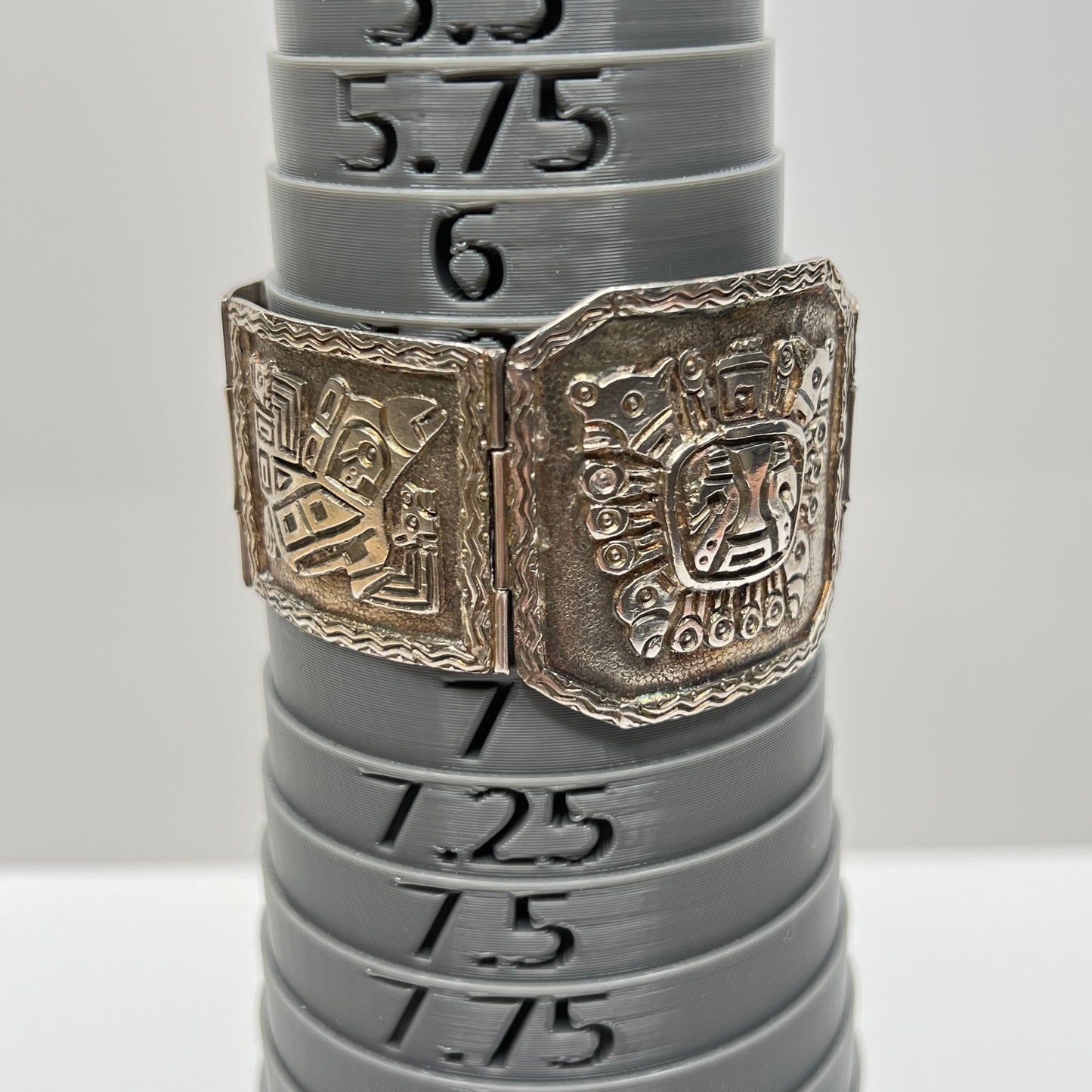 Vintage artisan sterling silver bracelet with Aztec Mayan Inca panel designs