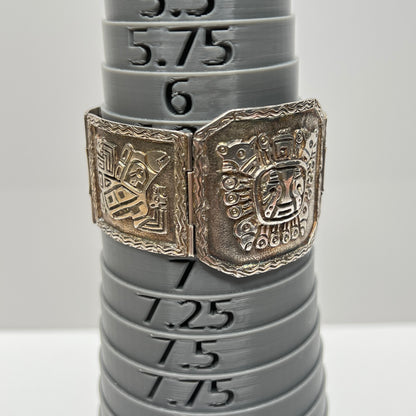 Vintage artisan sterling silver bracelet with Aztec Mayan Inca panel designs