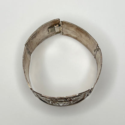 Vintage artisan sterling silver bracelet with Aztec Mayan Inca panel designs