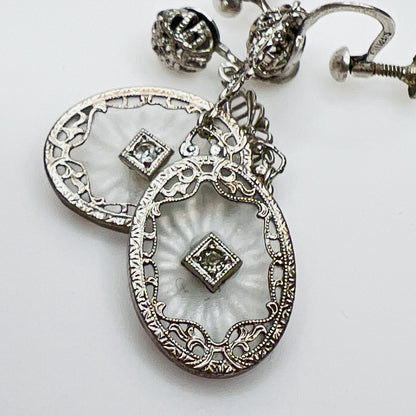 Sterling camphor glass dangle earrings with rhinestone center and filigree frame
