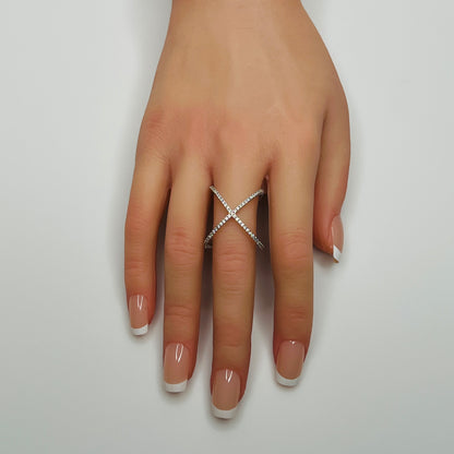 Sterling silver criss-cross ring with pavé CZs on hand, size 8