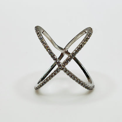 Detail of intersecting pavé CZ bands on silver ring