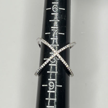 Detail of intersecting pavé CZ bands on silver ring