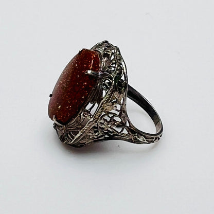 Art Nouveau-style filigree ring with bronze goldstone, size 5