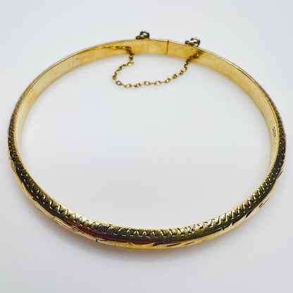 Gold vermeil etched bangle bracelet with floral design