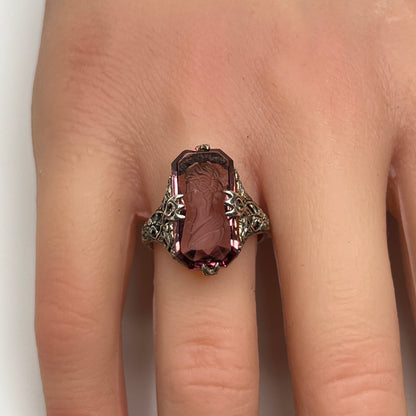 Vintage sterling silver ring with purple intaglio cameo, Art Deco filigree