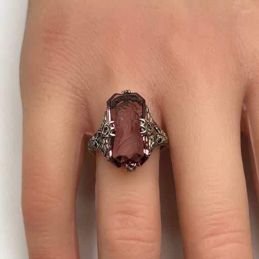 Vintage sterling silver ring with purple intaglio cameo, Art Deco filigree