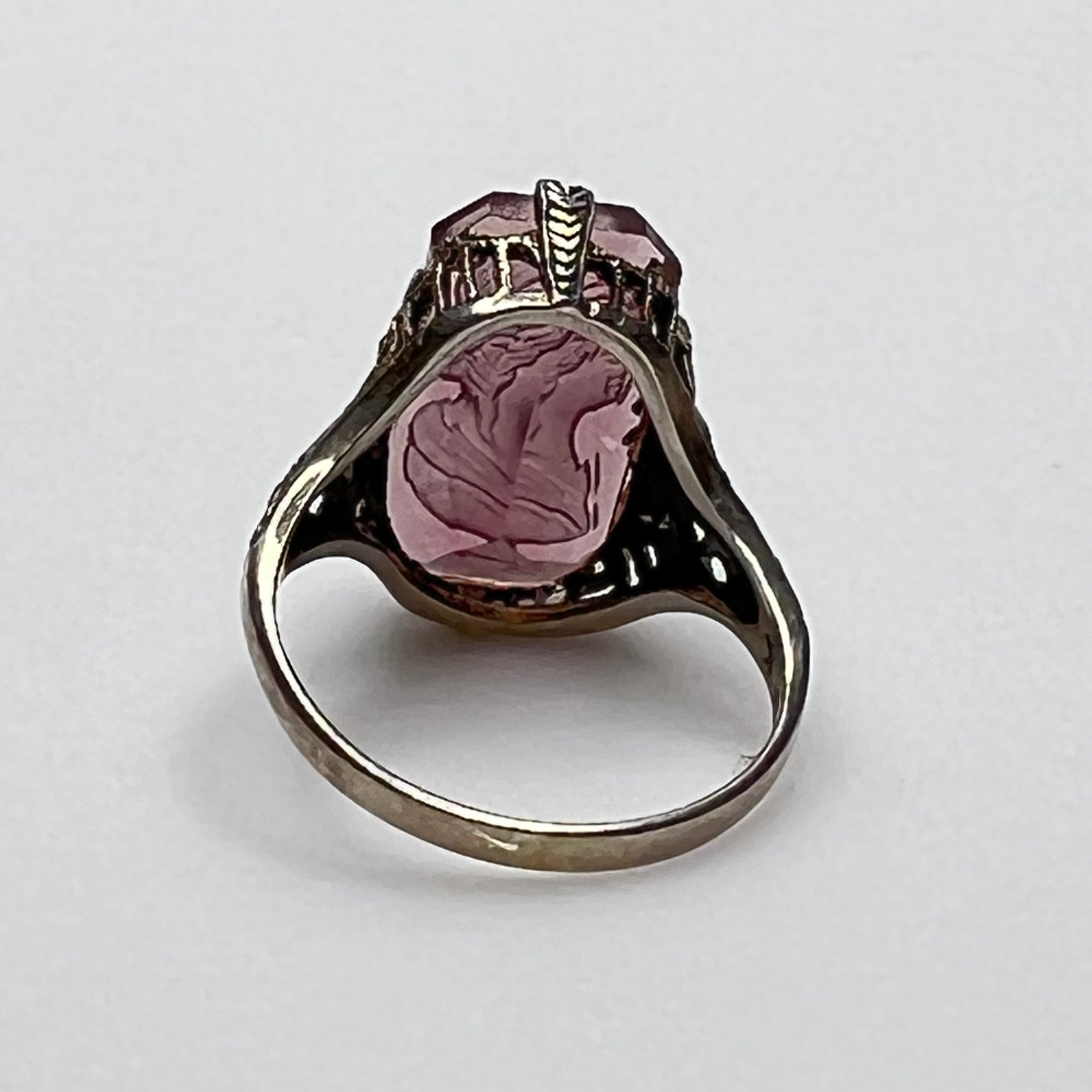 Vintage sterling silver ring with purple intaglio cameo, Art Deco filigree