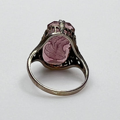 Vintage sterling silver ring with purple intaglio cameo, Art Deco filigree
