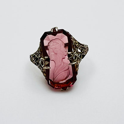 Vintage sterling silver ring with purple intaglio cameo, Art Deco filigree