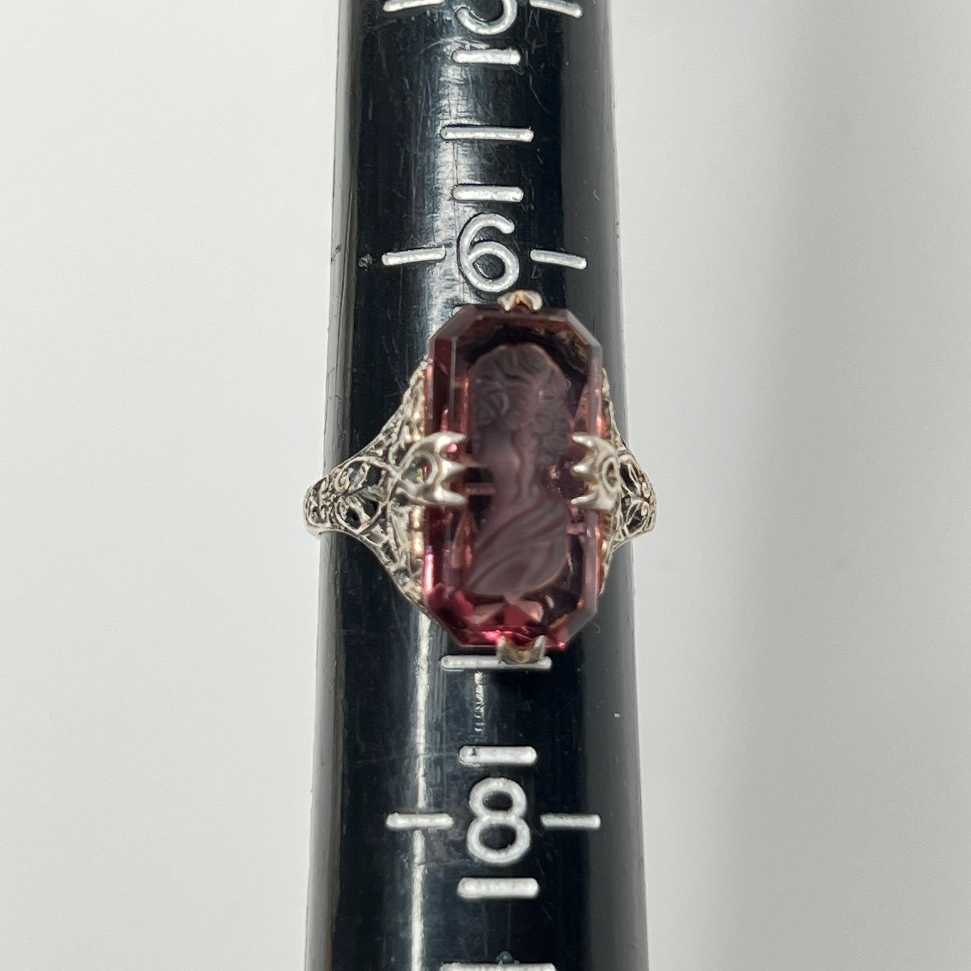 Vintage sterling silver ring with purple intaglio cameo, Art Deco filigree