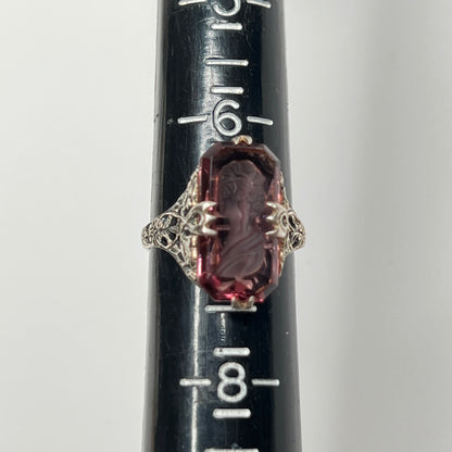 Vintage sterling silver ring with purple intaglio cameo, Art Deco filigree