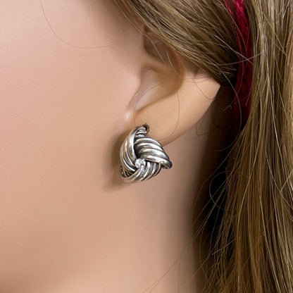 Sterling silver love knot stud earrings with clear rhinestone center, vintage style