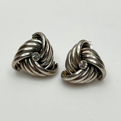 Sterling silver love knot stud earrings with clear rhinestone center, vintage style