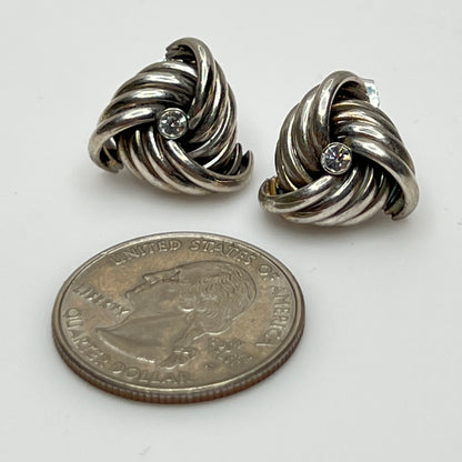 Sterling silver love knot stud earrings with clear rhinestone center, vintage style