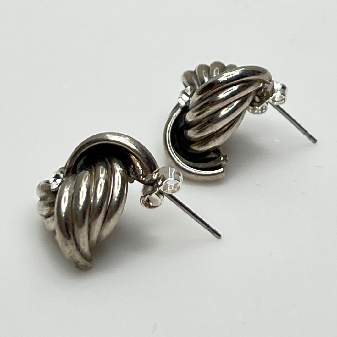 Sterling silver love knot stud earrings with clear rhinestone center, vintage style