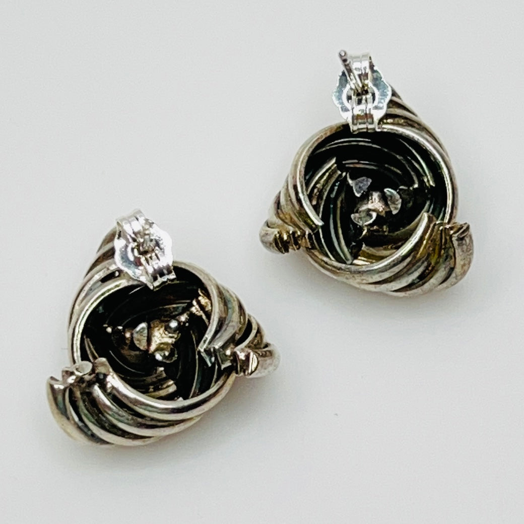 Sterling silver love knot stud earrings with clear rhinestone center, vintage style