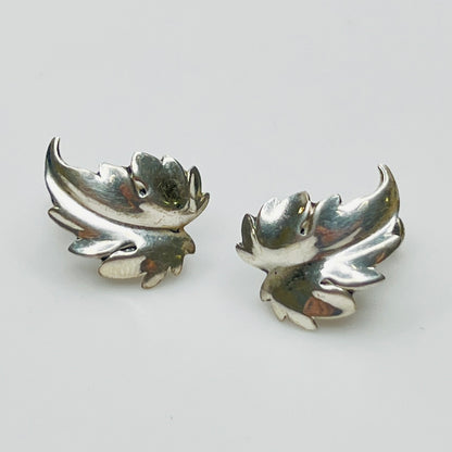 Sterling silver oak leaf screw-back earrings, front view